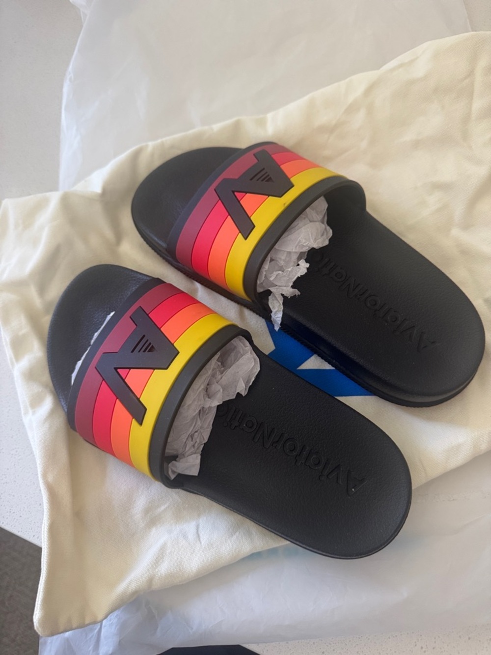 Aviator Nation Black Slides with Multicolor Stripe Logo unisex